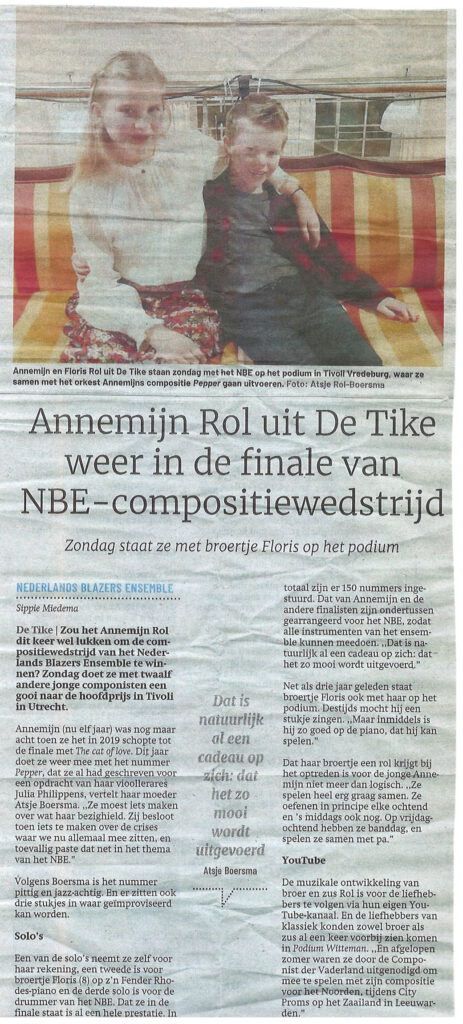 2022-12 Friesch Dagblad - Annemijn Rol uit De Tike weer in de finale van NBE-compositiewedstrijd